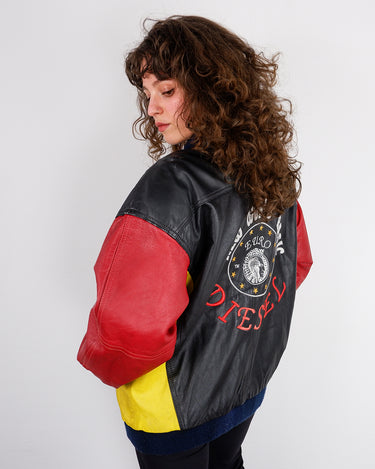 Vintage 80s EURO DIESEL bootleg vegan leather bomber jacket with mohawk back print and shoulder pads | S-L