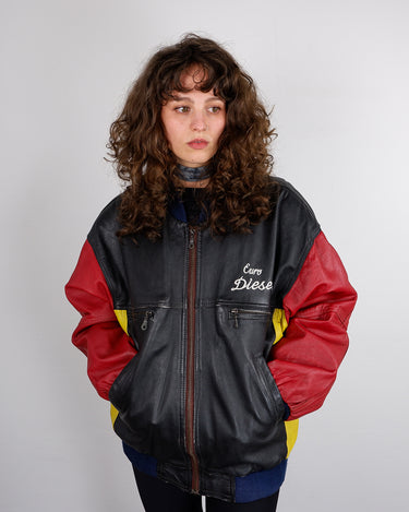Vintage 80s EURO DIESEL bootleg vegan leather bomber jacket with mohawk back print and shoulder pads | S-L