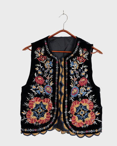Preloved black velvet floral embroidered vest | XS-S