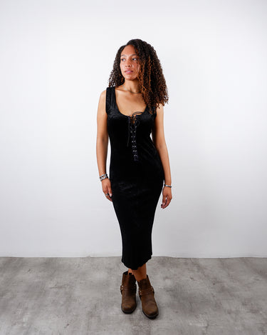 Vintage 90s black crushed velvet maxi dress grunge lace up | S-M