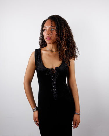 Vintage 90s black crushed velvet maxi dress grunge lace up | S-M