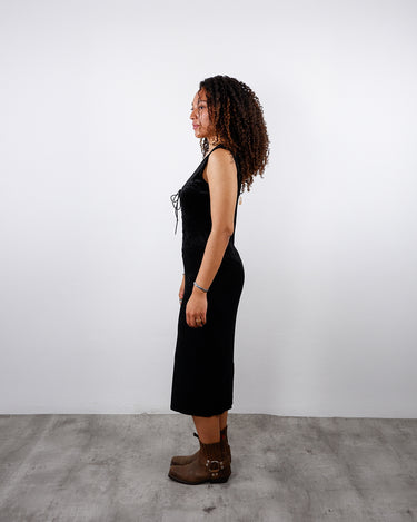 Vintage 90s black crushed velvet maxi dress grunge lace up | S-M