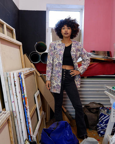 Vintage 80s floral long cotton blazer with shoulder pads (thin) | M