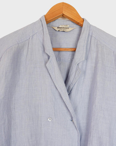   A sprinkle of '80s! This vintage crop blouse in light blue & lavender undertone will add some elegant vibes to your wardrobe. Get groovy with its 100% linen fabric!