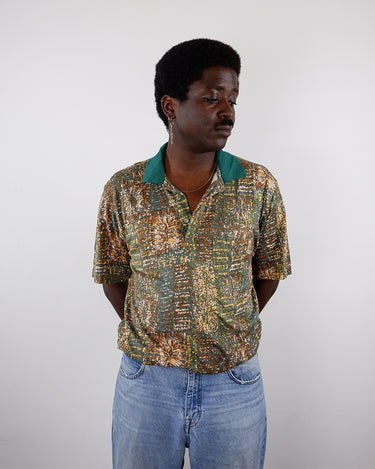 Vintage 80s crazy pattern green polo tshirt | M-L
