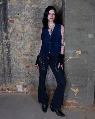 Vintage 80s navy blue leather vest with stitching details at the collar | M