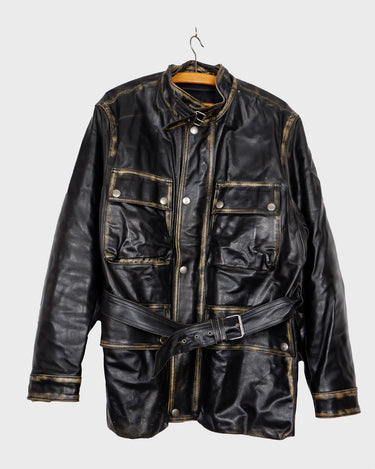 Vintage 90s black biker leather jacket with a belt (used look) | L-XL