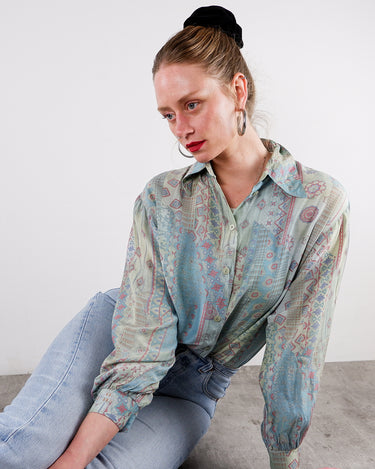 Vintage 90s washed out pastel color blue pink purple boho geometric print longsleeve blouse | S-L
