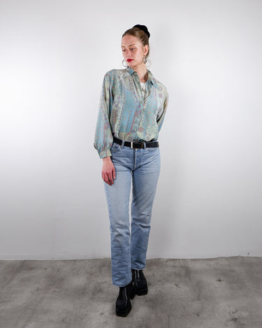 Vintage 90s washed out pastel color blue pink purple boho geometric print longsleeve blouse | S-L