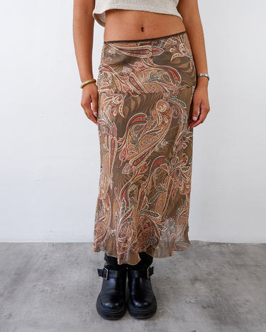 Vintage 90s Y2k brown mesh maxi skirt with paisley pattern fairycore | S-M