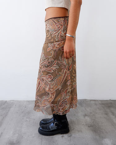 Vintage 90s Y2k brown mesh maxi skirt with paisley pattern fairycore | S-M