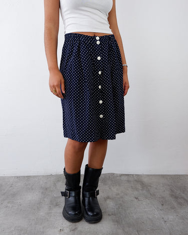 Vintage 90s navy blue polka dot midi skirt | S-M