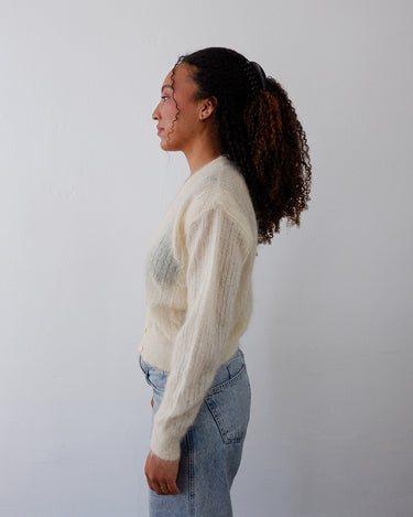 Vintage 80s PIERRE CARDIN PARIS cream white kid mohair fine knitted cardigan | XS-S