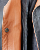 Bring some edge to your wardrobe with this lightweight and very thin vintage 80s black leather jacket - perfect for spring and summer nights! The brown accents add a touch of contrast, while the convenient zipper and press buttons allow for versatile styling. What are you waiting for?