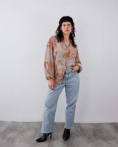 Vintage 90s brown long sleeve crazy pattern blouse with floral print | S-L