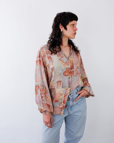 Vintage 90s brown long sleeve crazy pattern blouse with floral print | S-L