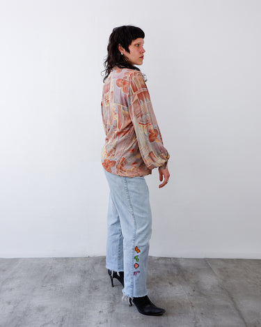 Vintage 90s brown long sleeve crazy pattern blouse with floral print | S-L