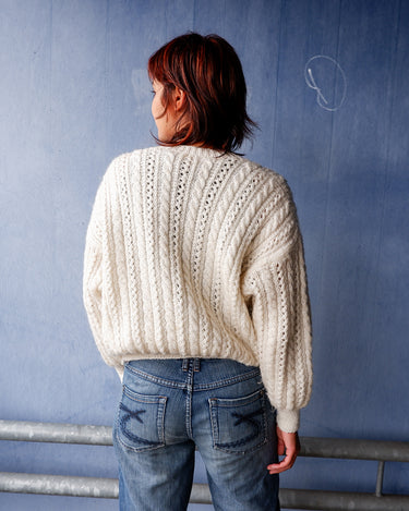 Handmade white openwork cable knit wool cardigan | S-M