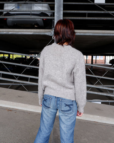 Vintage 80s ALAFOS ICEWOOL grey wool sweater with colorful geometric accents | XS-S