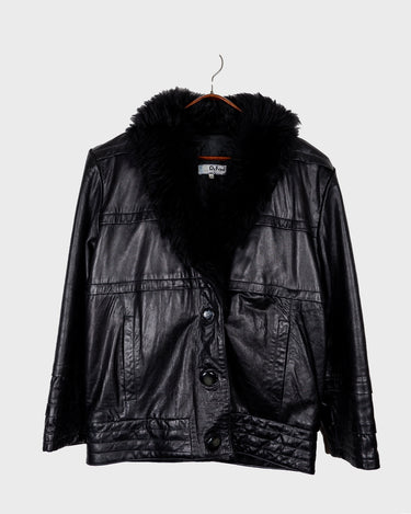 Vintage 80s black leather jacket with shearling collar | M-L