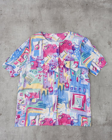 Vintage 80s colorful crazy pattern double-row button blouse (oversized fit) | L-XL