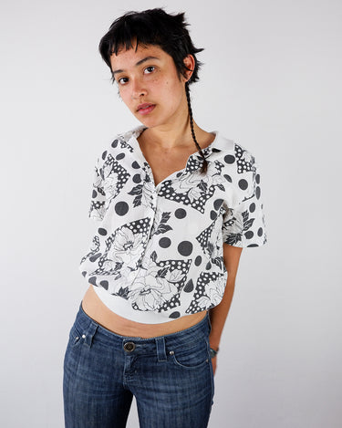 Vintage 90s floral black and white blouse | M