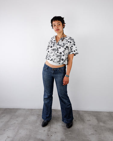 Vintage 90s floral black and white blouse | M