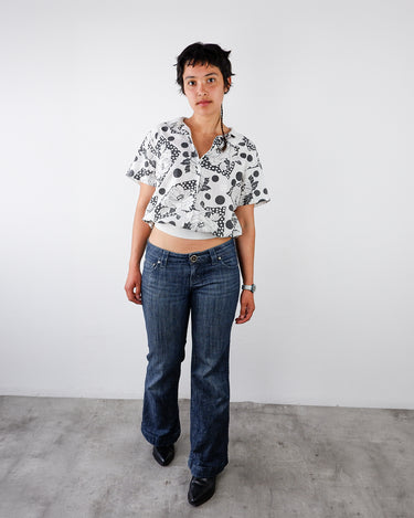 Vintage 90s floral black and white blouse | M