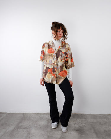 Vintage 80s brown crazy pattern short sleeve blouse | S-L