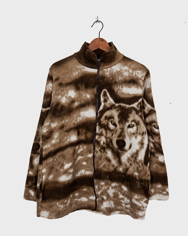Vintage 90s thin brown fleece jacket with wolf print | M-L