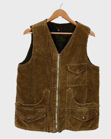 Vintage 90s green corduroy warm lined zipper vest | S