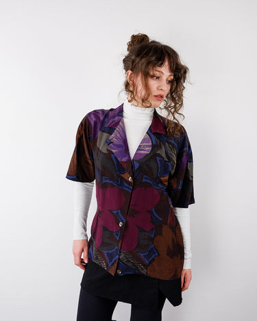 Vintage 90s colorful floral silk short sleeve blouse | S-M
