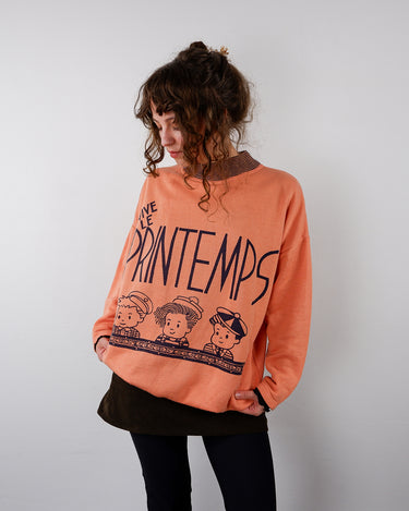 Vintage 80s salmon pink color printed sweater | M-L