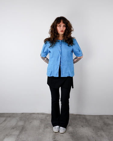 Vintage 80s 90s blue short sleeve linen blouse | S
