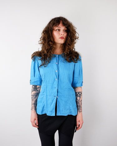 Vintage 80s 90s blue short sleeve linen blouse | S
