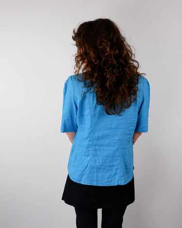 Vintage 80s 90s blue short sleeve linen blouse | S