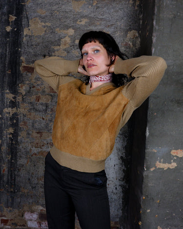 Vintage 80s came brown patchwork leather v-neck sweater | S-M