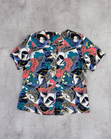 Vintage 80s colorful crazy pattern blouse with shoulder pads | XS-S
