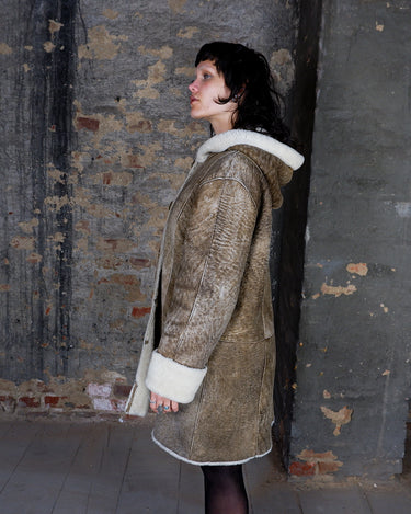 Vintage 90s brown hooded faux shearling coat (heavy) | S-L