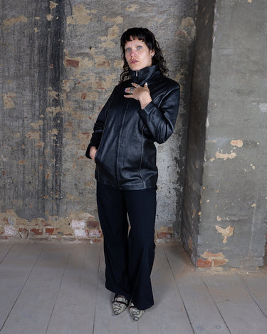 Vintage 90s high collar black leather jacket (lightweight) | M-L