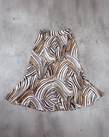 Vintage 90s a-line maxi skirt with abstract wave pattern in brown & cream | M-L