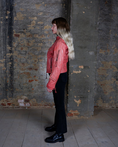 Vintage 90s Y2k muted coral pink studded biker leather jacket | S