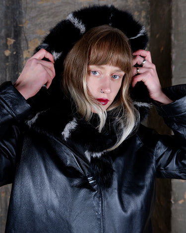Vintage Y2k black leather short coat with removable hood and fur trim | M-L