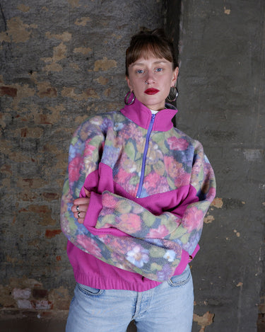 Vintage 80s 90s hot pink half zip fleece with floral pattern | M-L