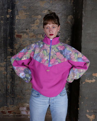 Vintage 80s 90s hot pink half zip fleece with floral pattern | M-L