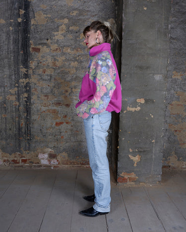 Vintage 80s 90s hot pink half zip fleece with floral pattern | M-L