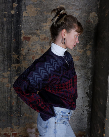 Vintage 80s purple red geometric and paisley pattern sweater | M–L