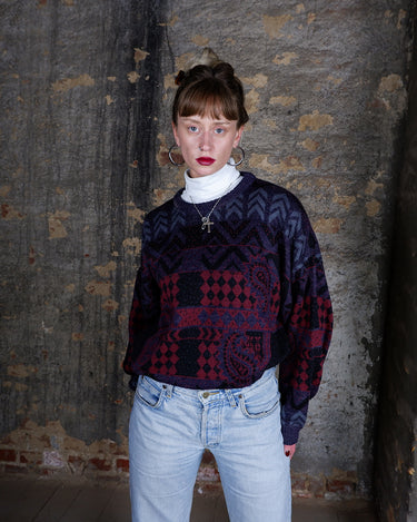 Vintage 80s purple red geometric and paisley pattern sweater | M–L