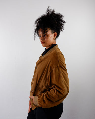Vintage 80s brown suede bomber jacket with light shoulder pads | L-XL