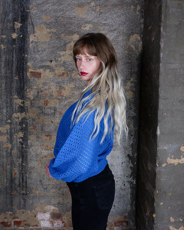 Vintage 80s electric blue patchwork knit cardigan, crochet detail | XS-S